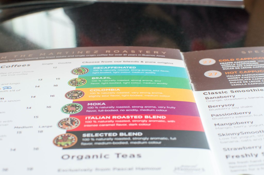 Coffee Menu Options, Cafe Martinez, Dubai Marina, UAE