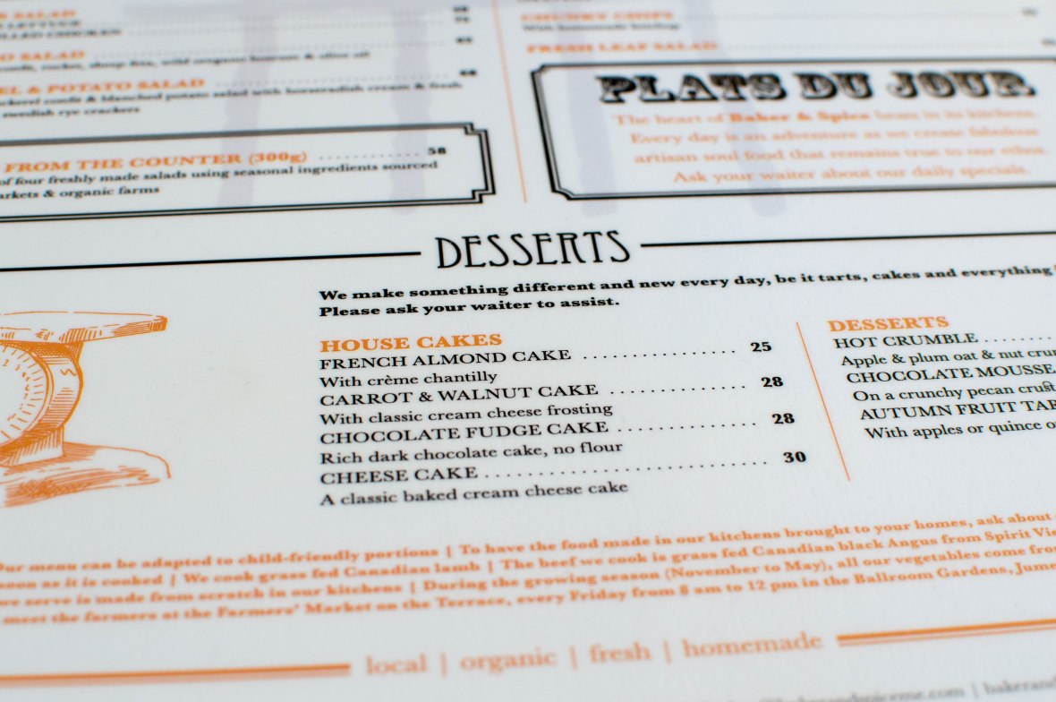 Dessert Menu, Baker &amp; Spice, Souk Al Bahar, Dubai, UAE