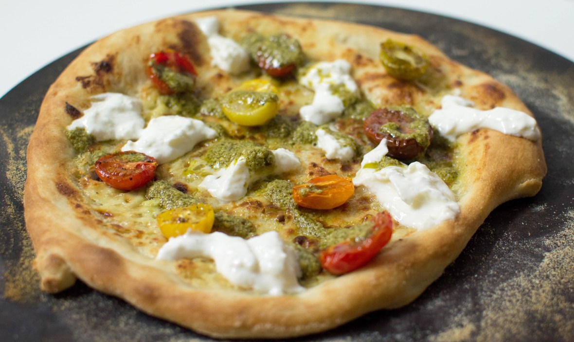 Burrata, Tomato and Pesto Pizza