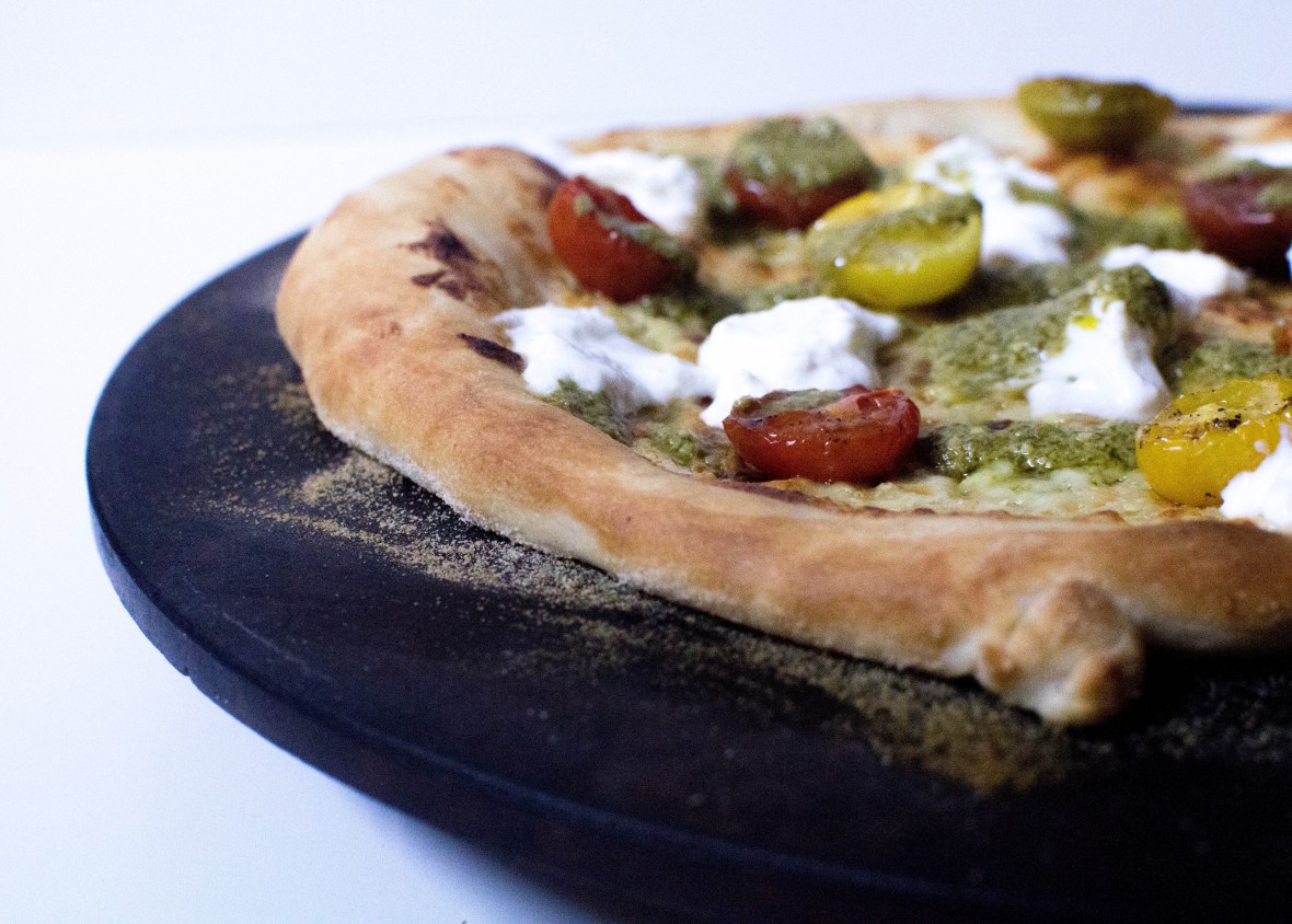 Cherry Tomato, Burrata And Pesto Cream Based Pizza