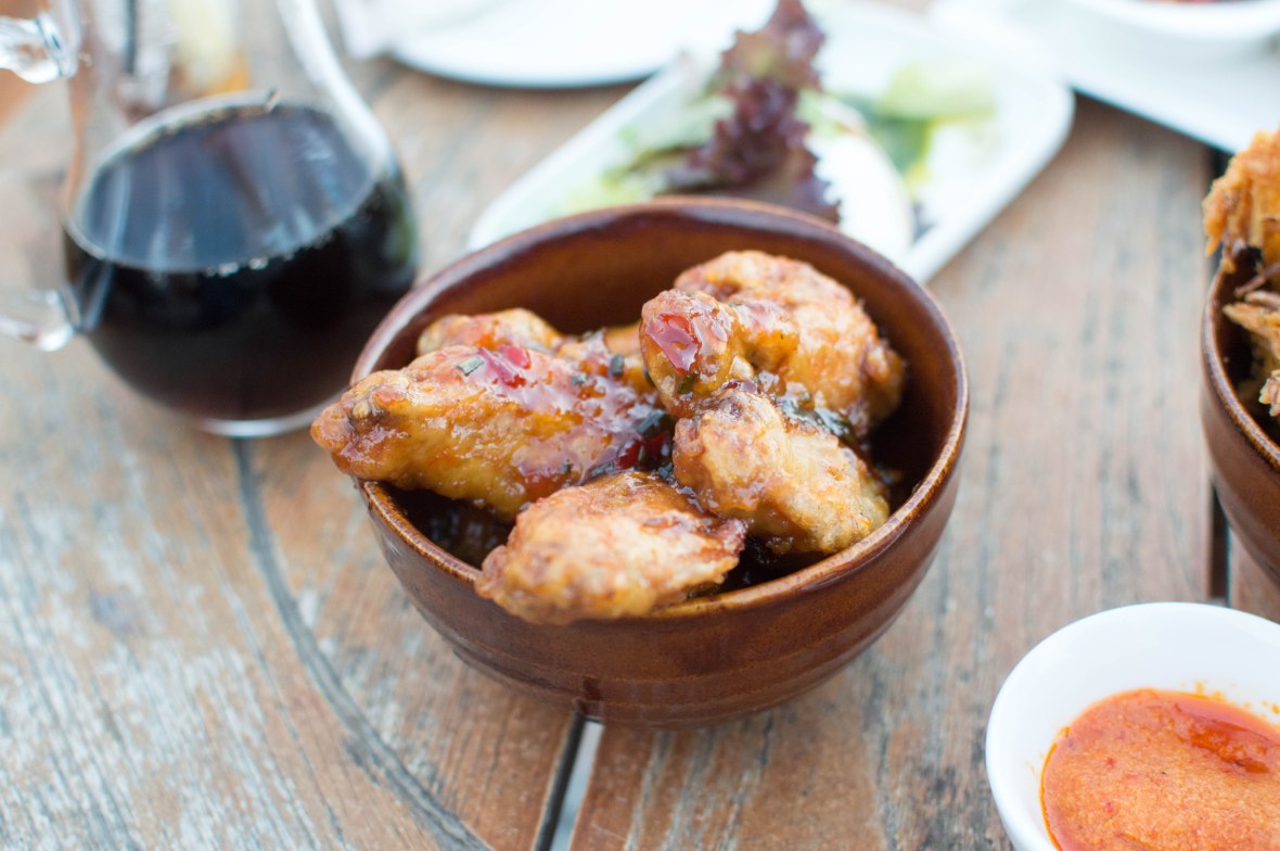 Crispy Lemon, Chili And Coriander Chicken Wings With Romesco Sauce, Moon Bar, Banyan Tree Al Wadi, Ras Al Khaimah, UAE