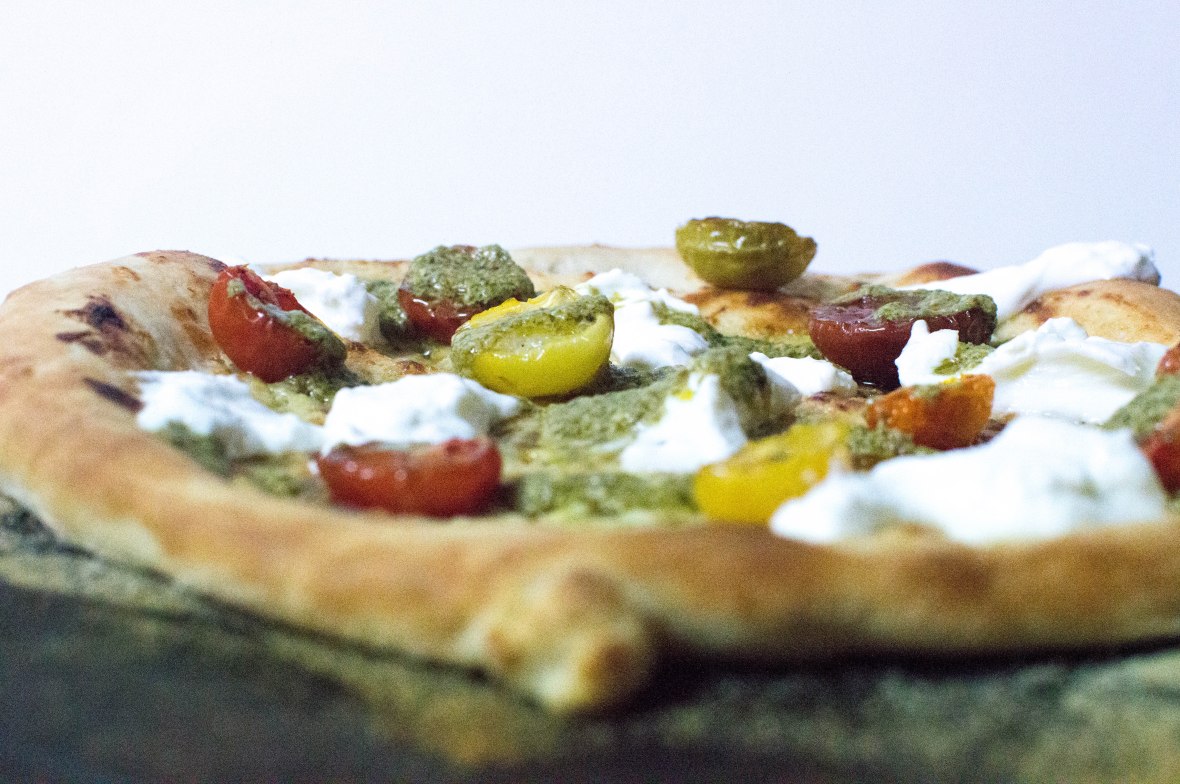 White Pizza With Cherry Tomatoes, Burrata And Pesto Drizzle