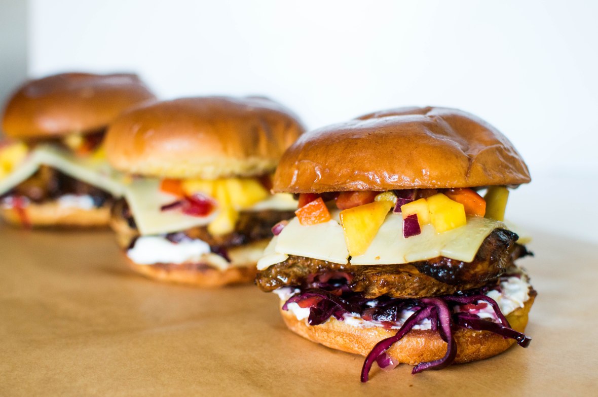 Jerk BBQ Chicken Burgers With Red Cabbage Coleslaw And Mango Salsa