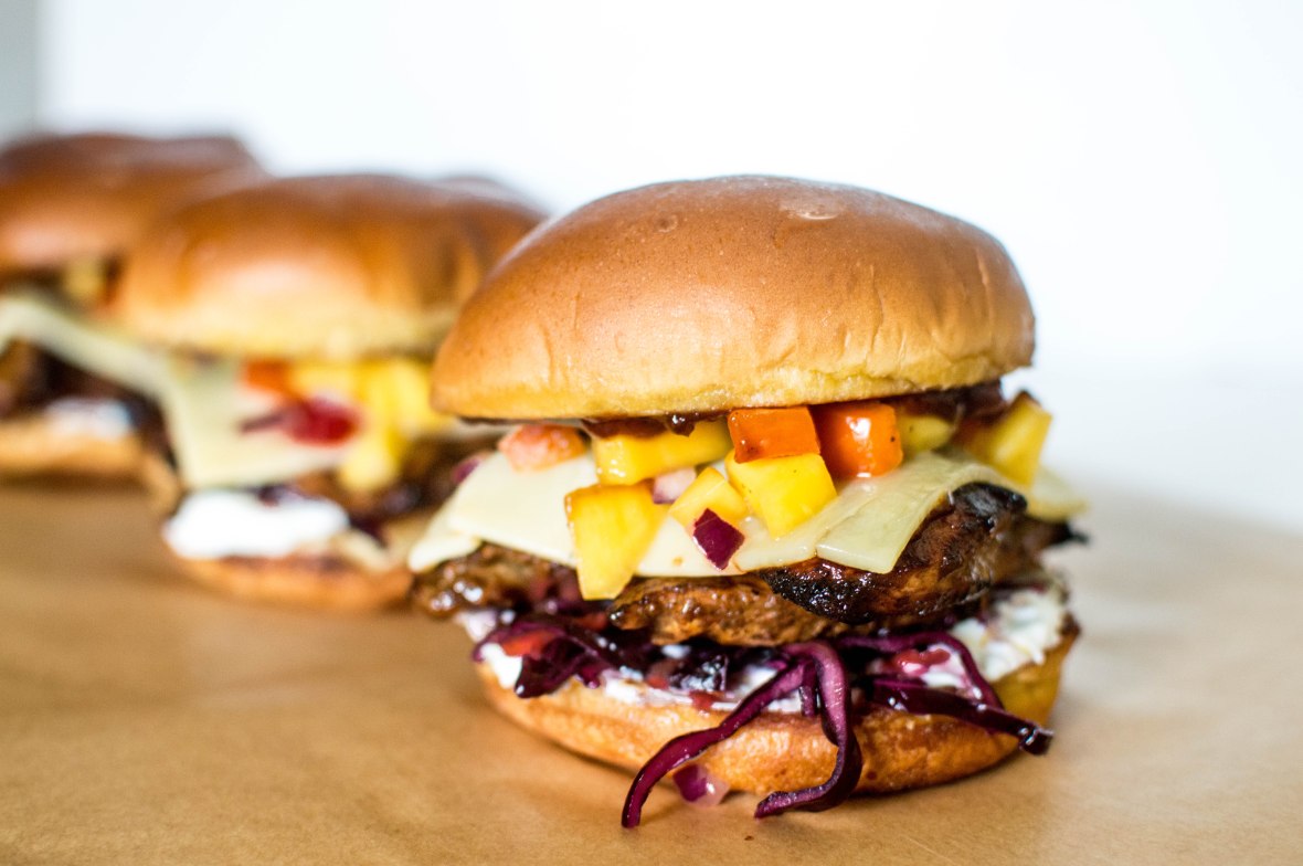 Jerk Chicken Burgers With Red Cabbage Coleslaw And Mango Salsa
