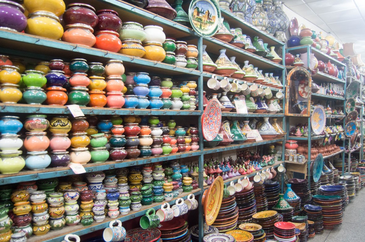 Colourful Pots and Plates, Souks, Marrakech, Morocco