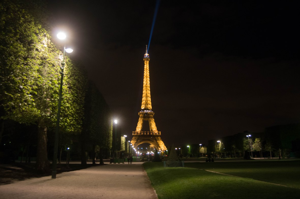 Eiffel Tower At Night From Champ De Mars Park, Paris, France