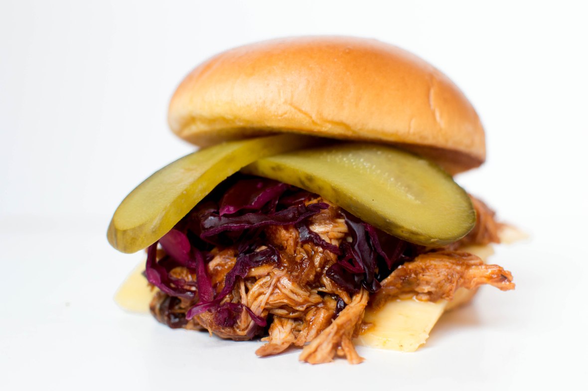 Pulled BBQ Chipotle Chicken Burgers With Red Cabbage Slaw