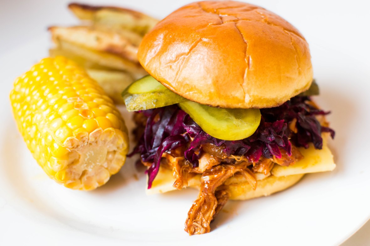 Pulled Chipotle BBQ Chicken Burger With Sweetcorn And Oven Baked Fries