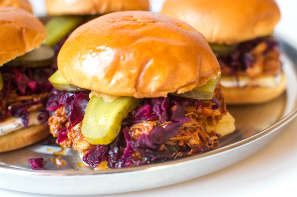 Pulled Chipotle BBQ Chicken Burgers With Red Cabbage Slaw And Gherkins