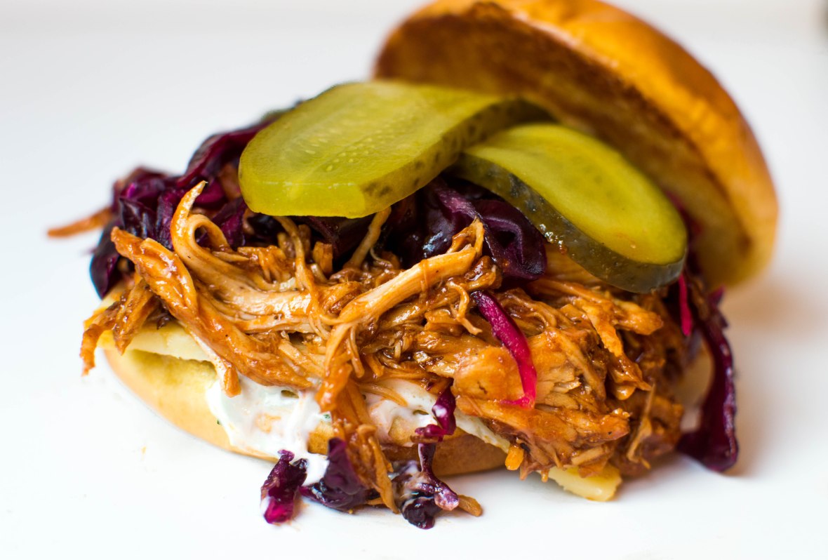 Pulled Chipotle BBQ Chicken Burgers With Red Cabbage Slaw