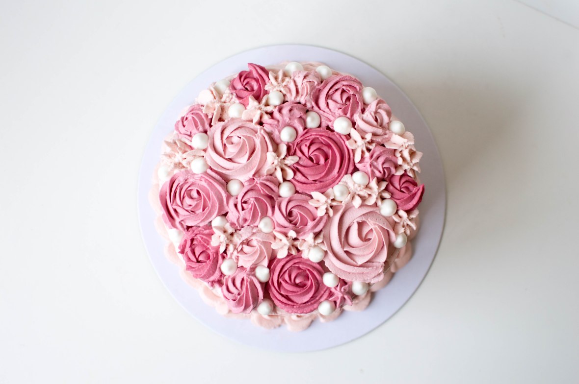 Vanilla And Raspberry Cream Cake With Rose Piping - Kay's Kitchen