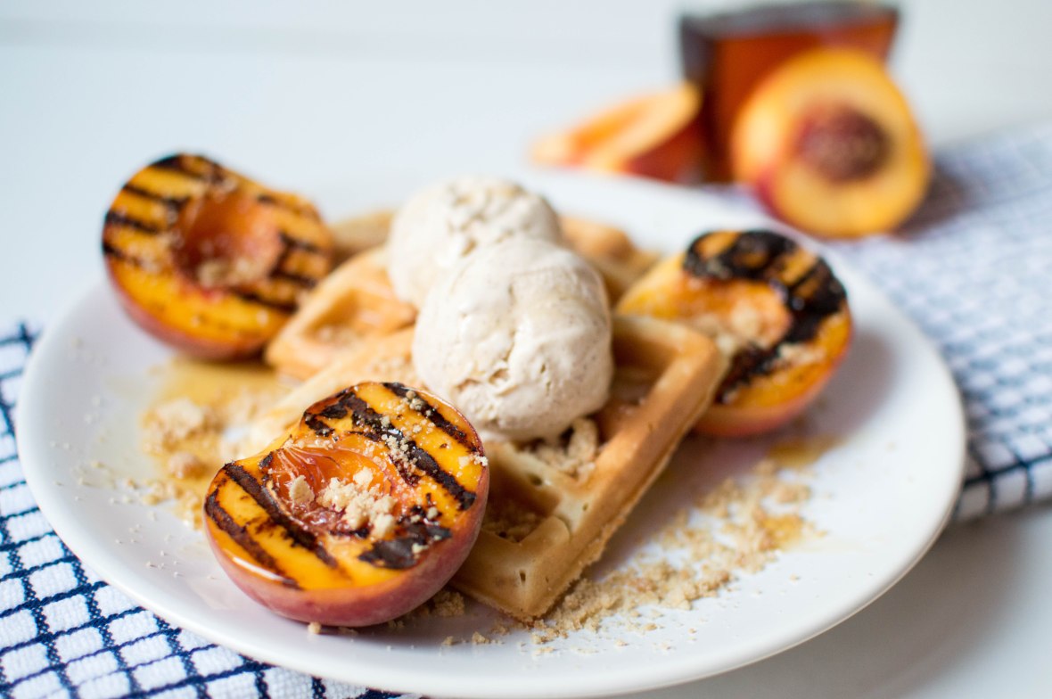 Grilled Maple Peaches, Waffles, Cinnamon Icecream - Kay's Kitchen