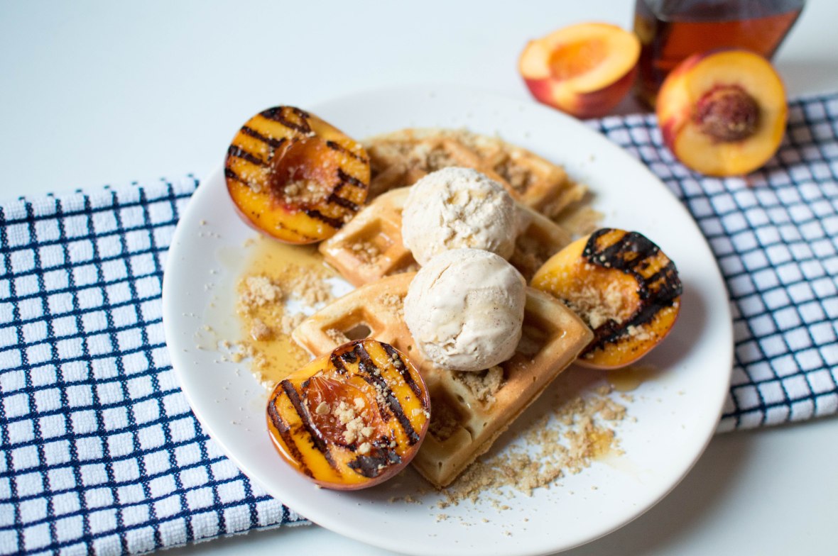 Grilled Peaches, Waffles, Cinnamon Icecream &amp; Maple Syrup - Kay's Kitchen