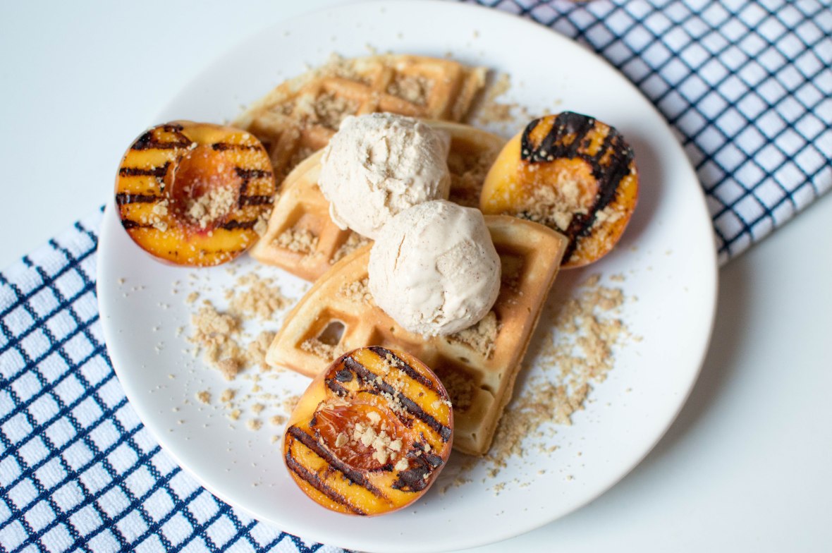 Maple Grilled Peaches With Waffles, Crumble &amp; Cinnamon Ice Cream - Kay's Kitchen