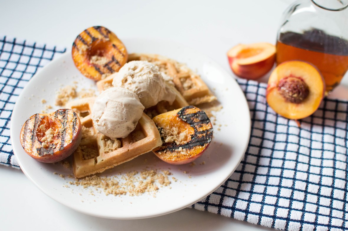 Maple Grilled Peaches With Waffles, Crumble &amp; Cinnamon Icecream - Kay's Kitchen