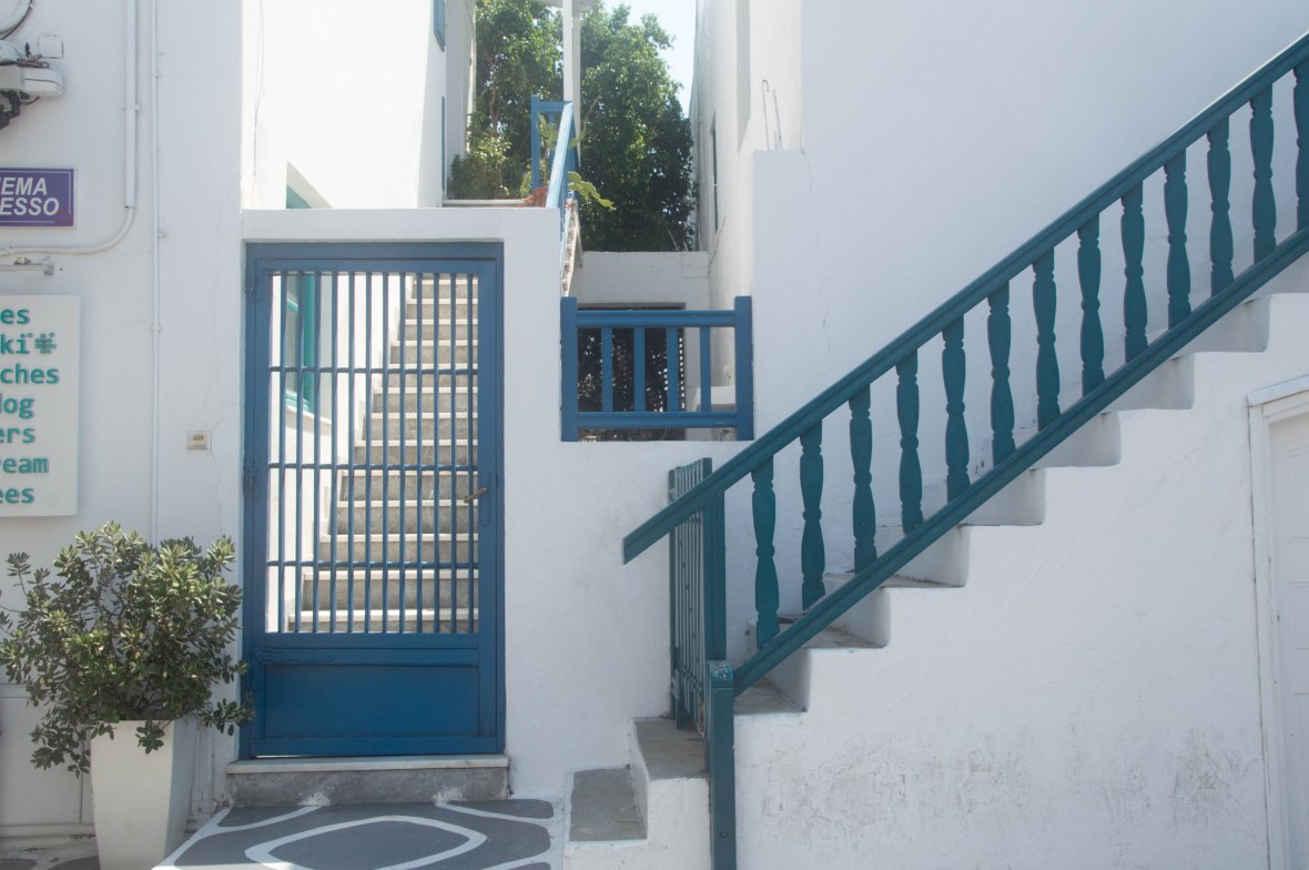 Blue Door and Stairs, Mykonos Town, Greece