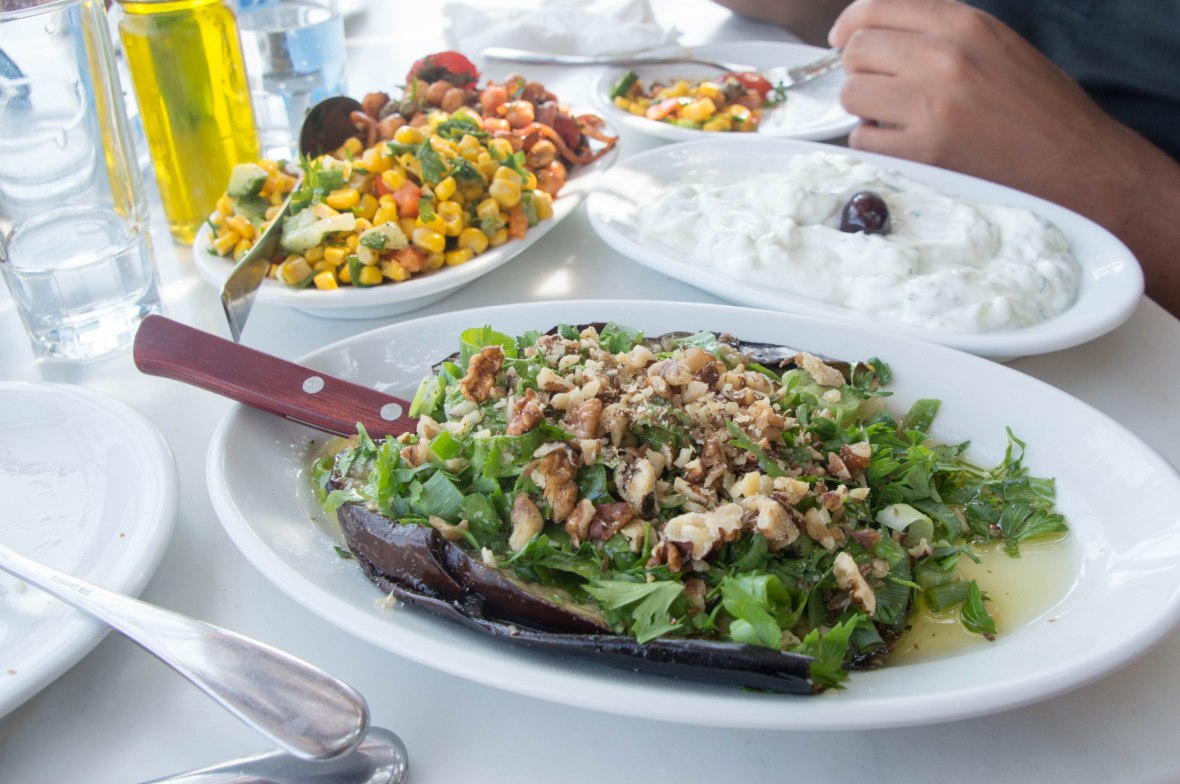 Roasted Aubergine, Salads & Tzatziki, Kiki's, Mykonos, Greece