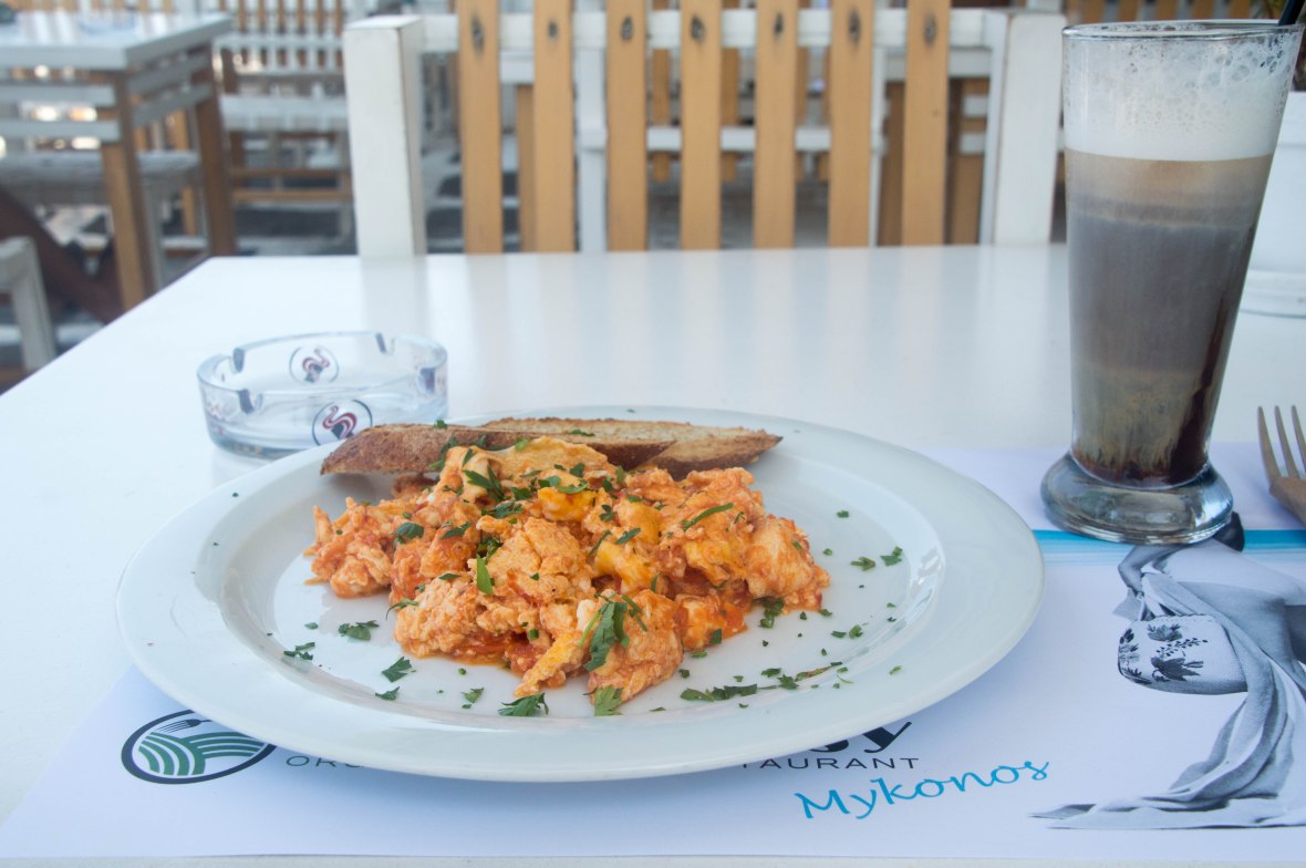 Scrambled Eggs With Tomatoes and Feta, Nice n Easy, Mykonos, Greece