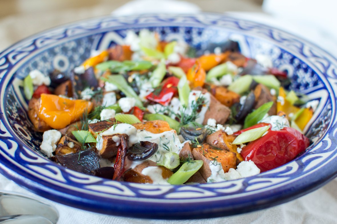 Roasted Sweet Potato Salad With Peppers, Onions &amp; Herby Yoghurt - Kay's Kitchen