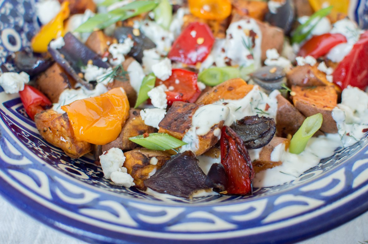 Sweet Potato, Red Onion And Pepper Salad With Garlic Herb Yoghurt &amp; Feta - Kay's Kitchen