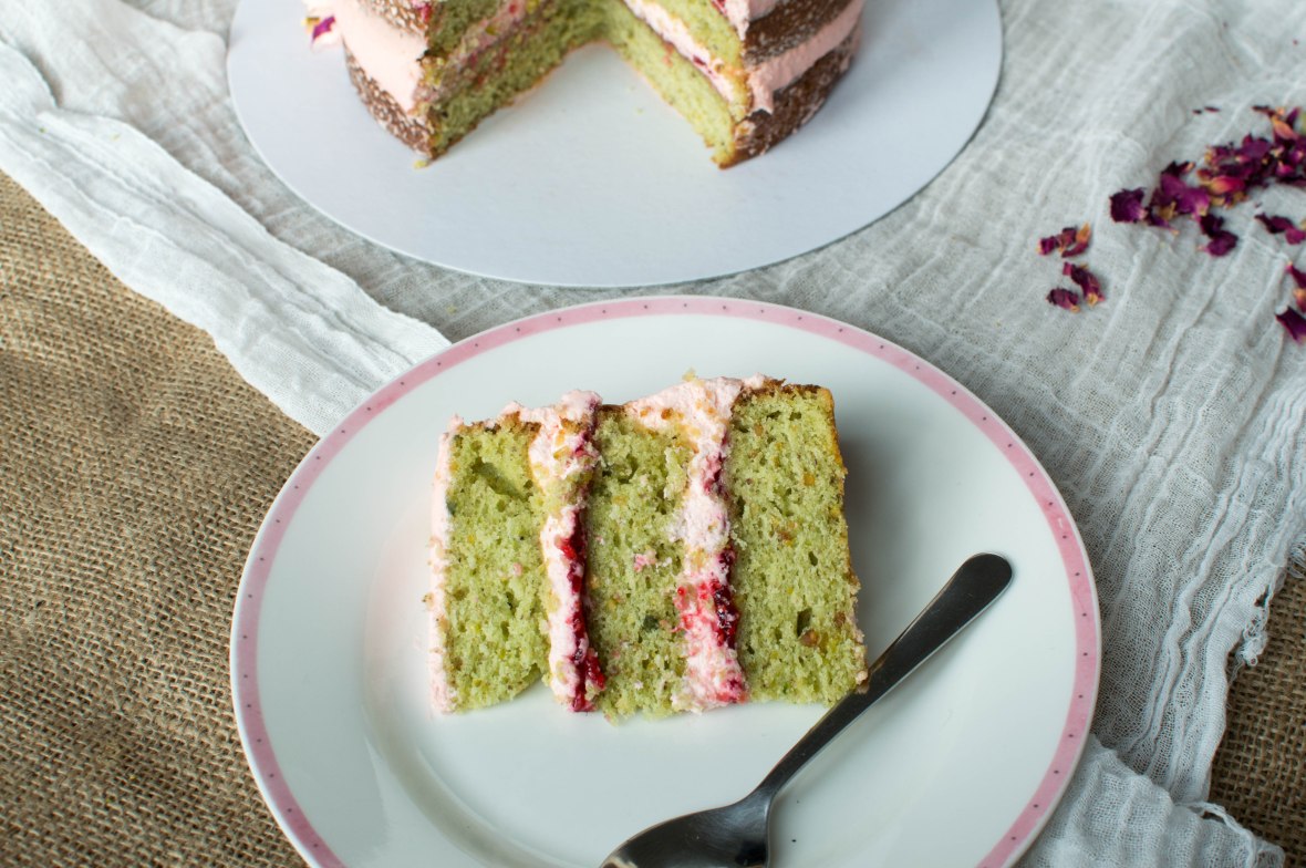 Slice Of Pistachio, Cardamom And Rose Cake With Homemade Raspberry Jam - Kay's Kitchen