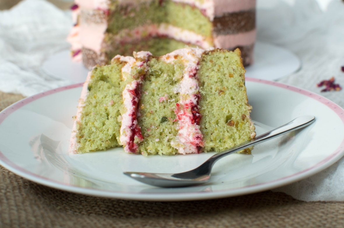 Slice Of Rose, Pistachio and Cardamom Cake With Homemade Raspberry Rose Jam - Kay's Kitchen