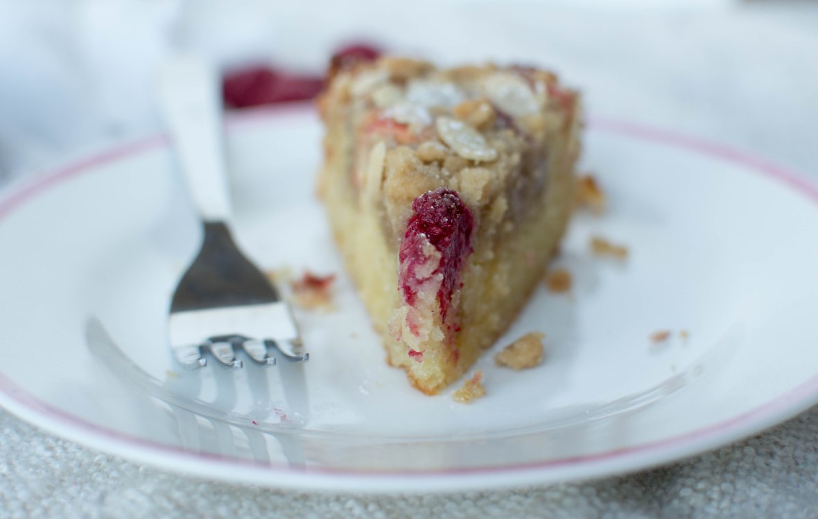 Raspberry, Rhubarb And Almond Crumble Cake - Kay's Kitchen