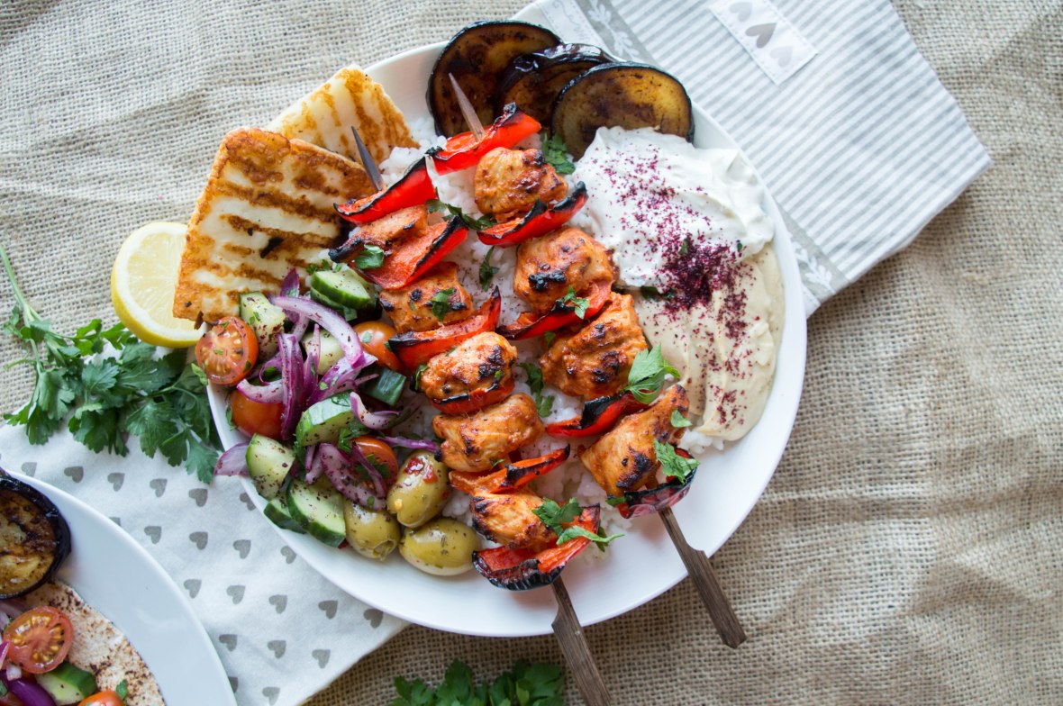Recipe For Turkish Chicken Shish, Served With Rice, Halloumi, Aubergines, Salad And Dips - Kay's Kitchen