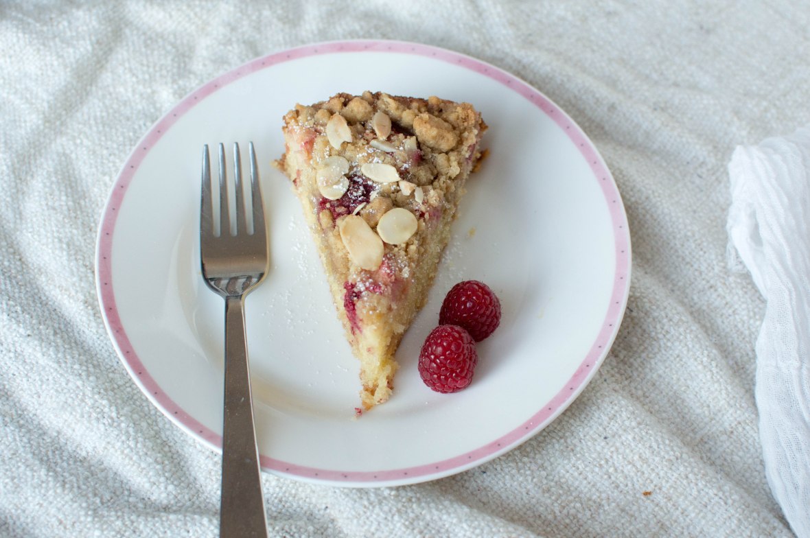 Slice Of Raspberry, Rhubarb And Almond Crumble Cake - Kay's Kitchen