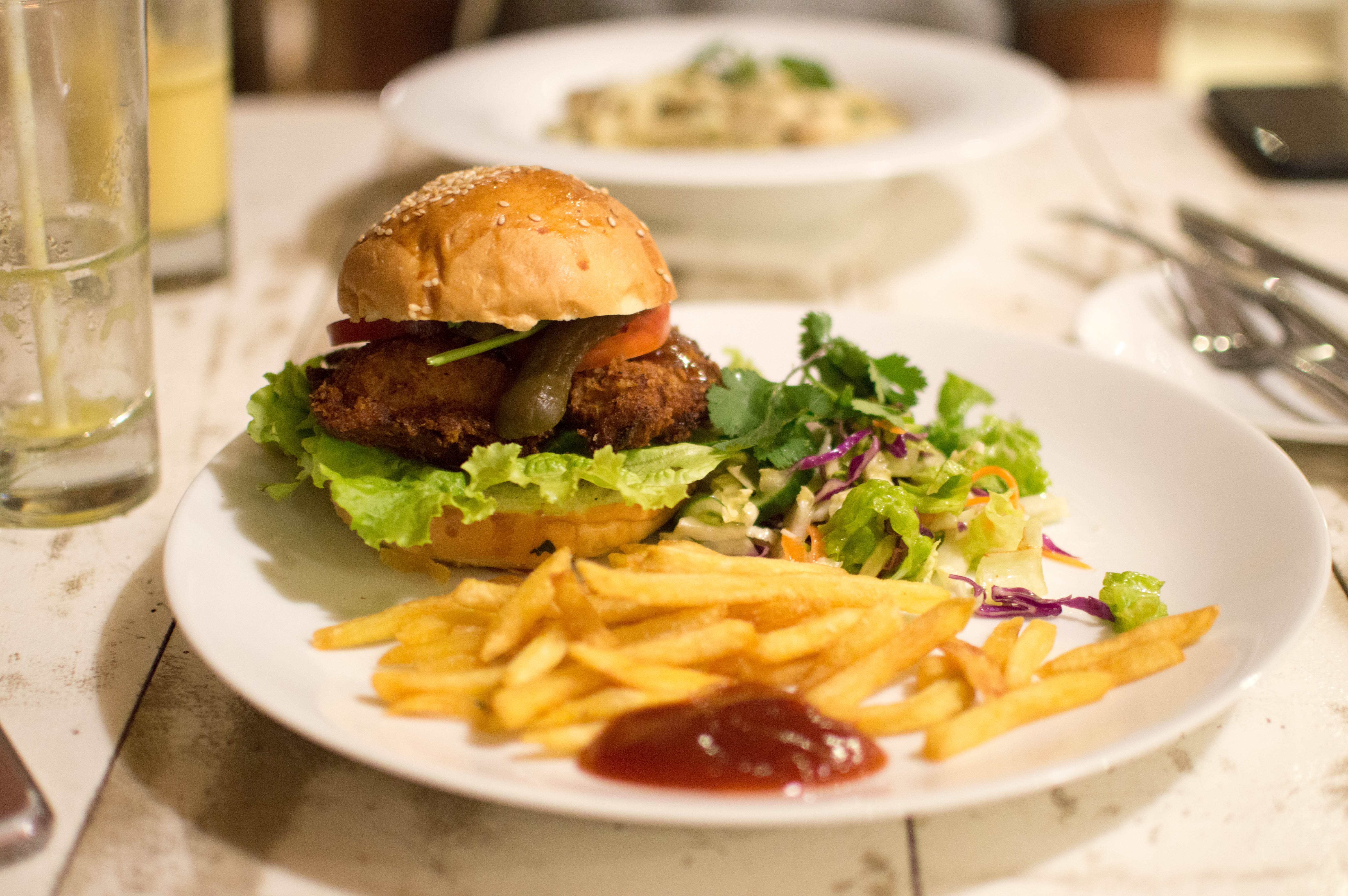 Fish Burger And Mushroom Pasta, Zephyr Restaurant &amp; Bar, Mirissa, Sri Lanka