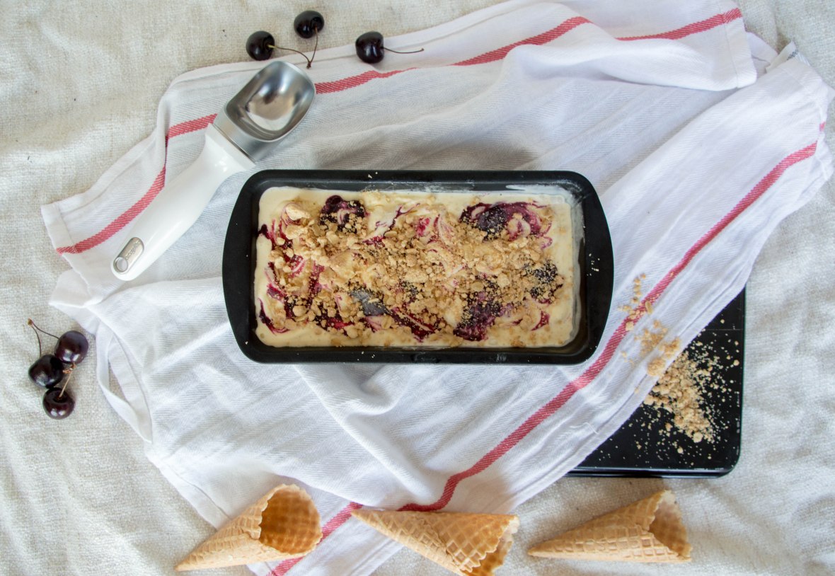 Vanilla Ice Cream With Swirled Cherry Reduction &amp; Crumble - Kay's Kitchen