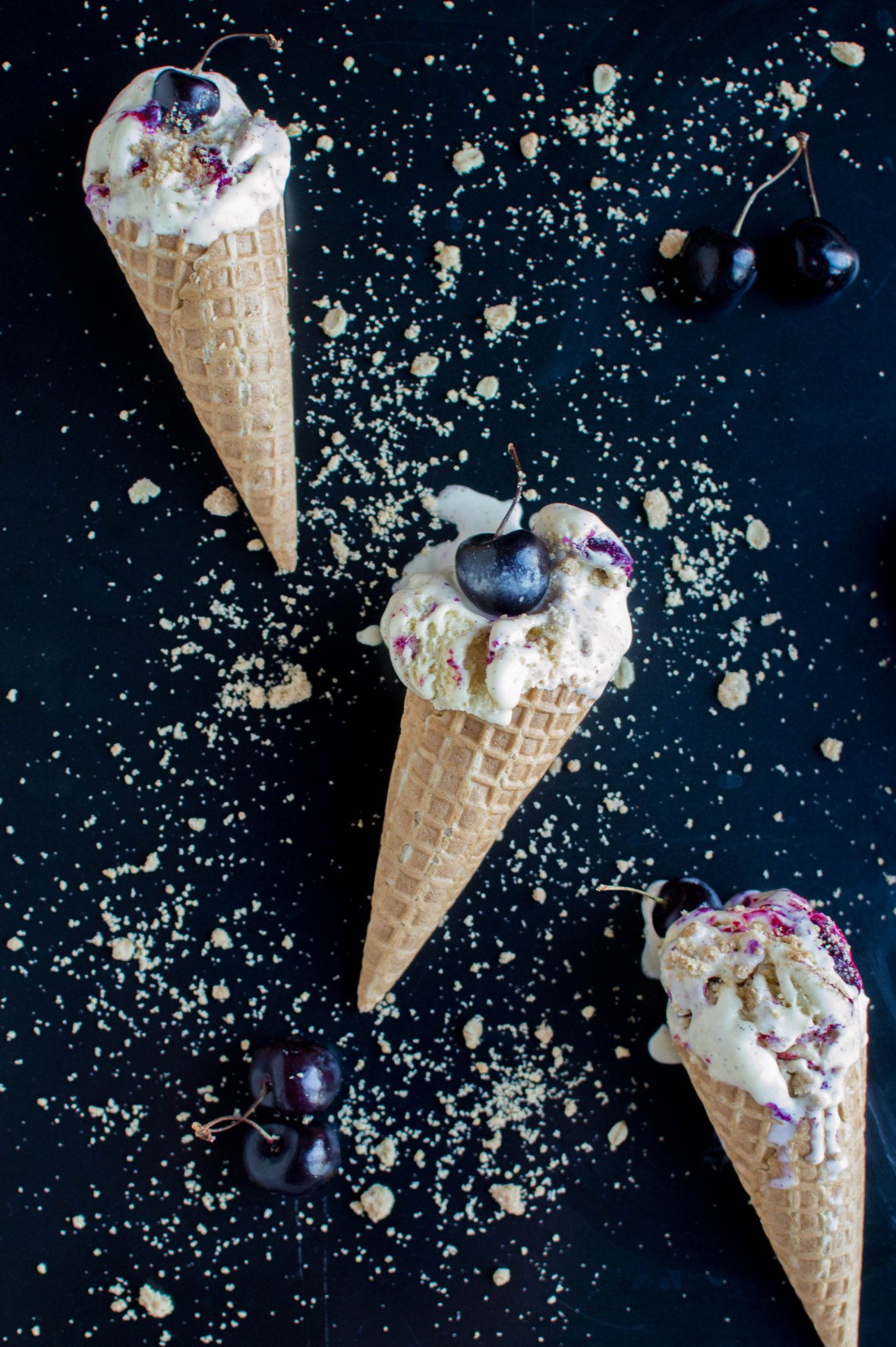 Vanilla Ice Cream With Swirled Cherry Reduction &amp; Crumble Topping - Kay's Kitchen