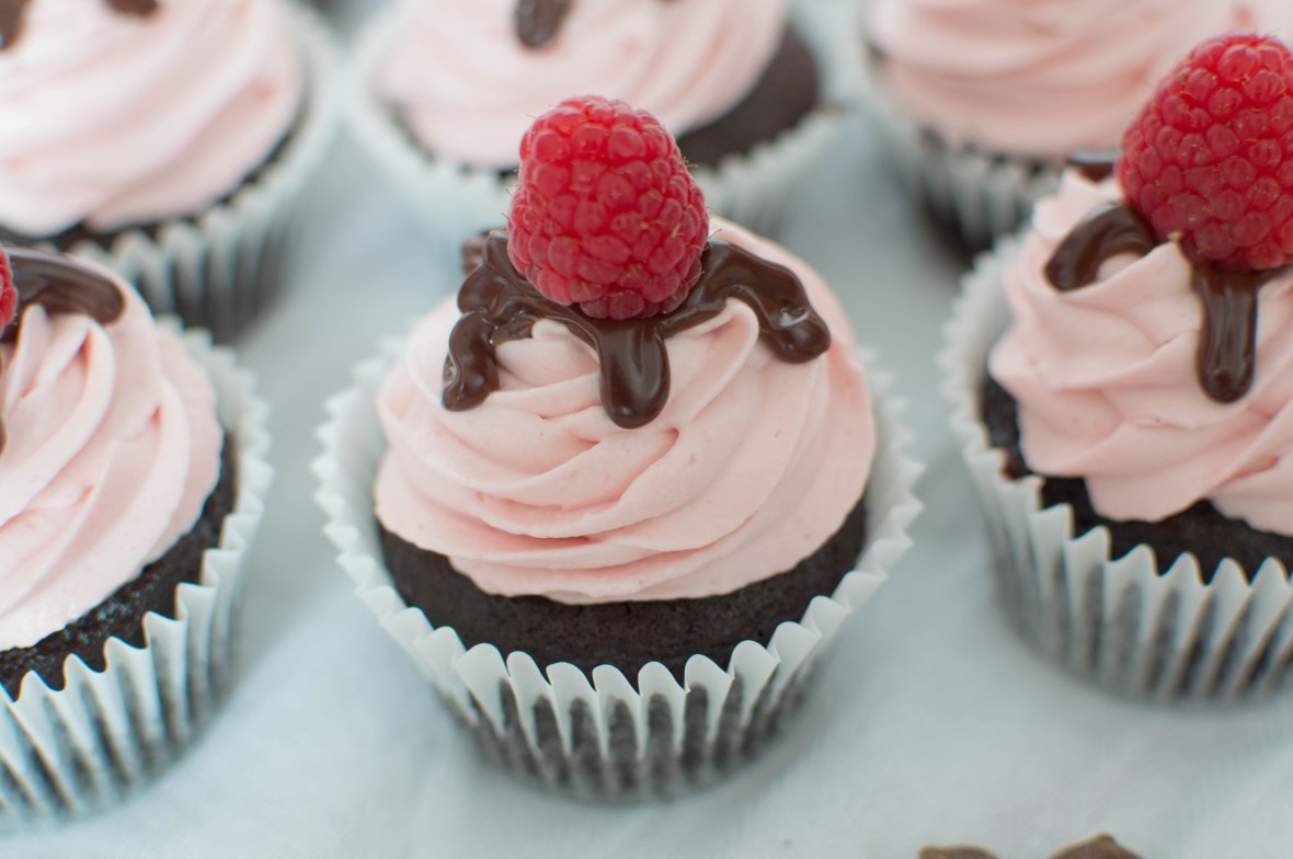 Chocolate Cupcakes With Raspberry Frosting And Dark Chocolate Drizzle - Kay's Kitchen