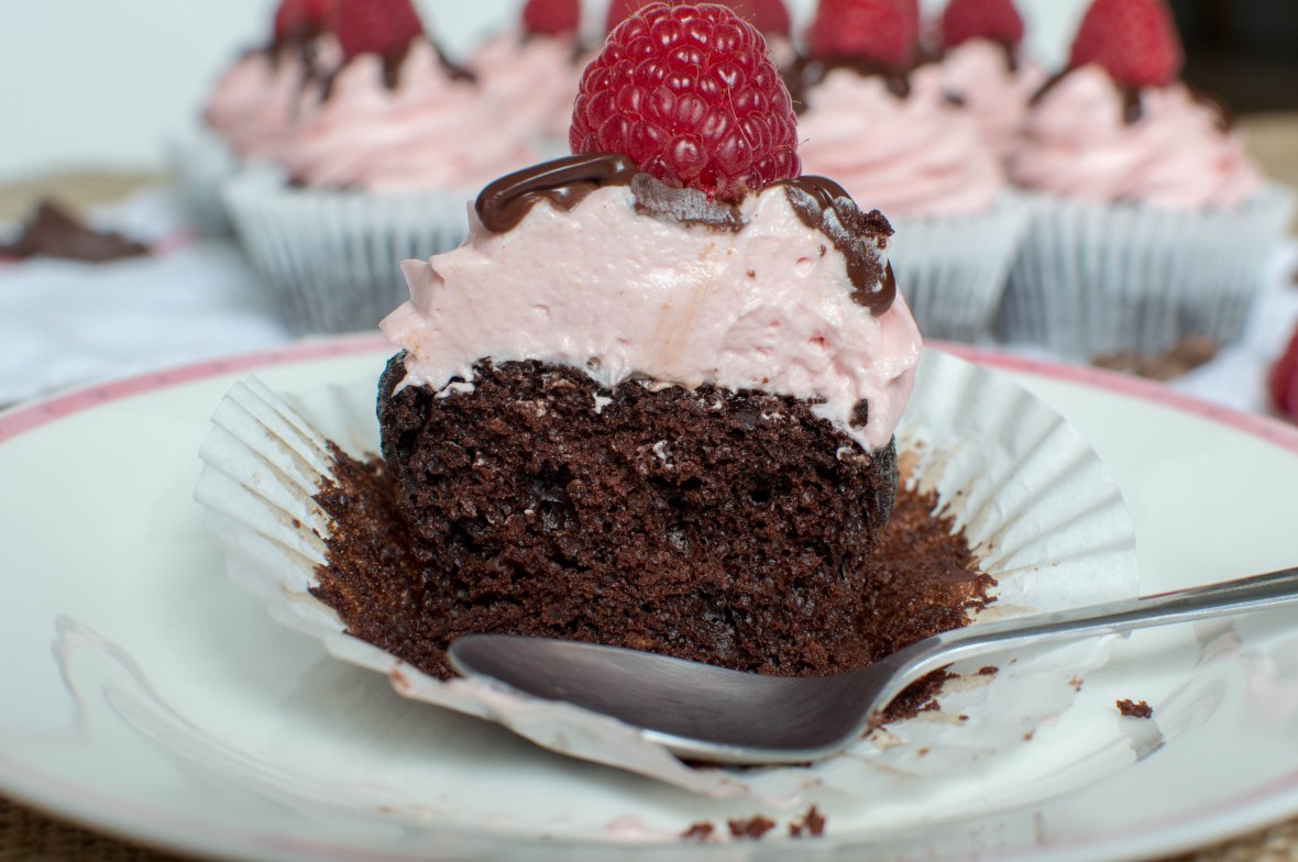 Slice through raspberry and dark chocolate cupcake - Kay's Kitchen