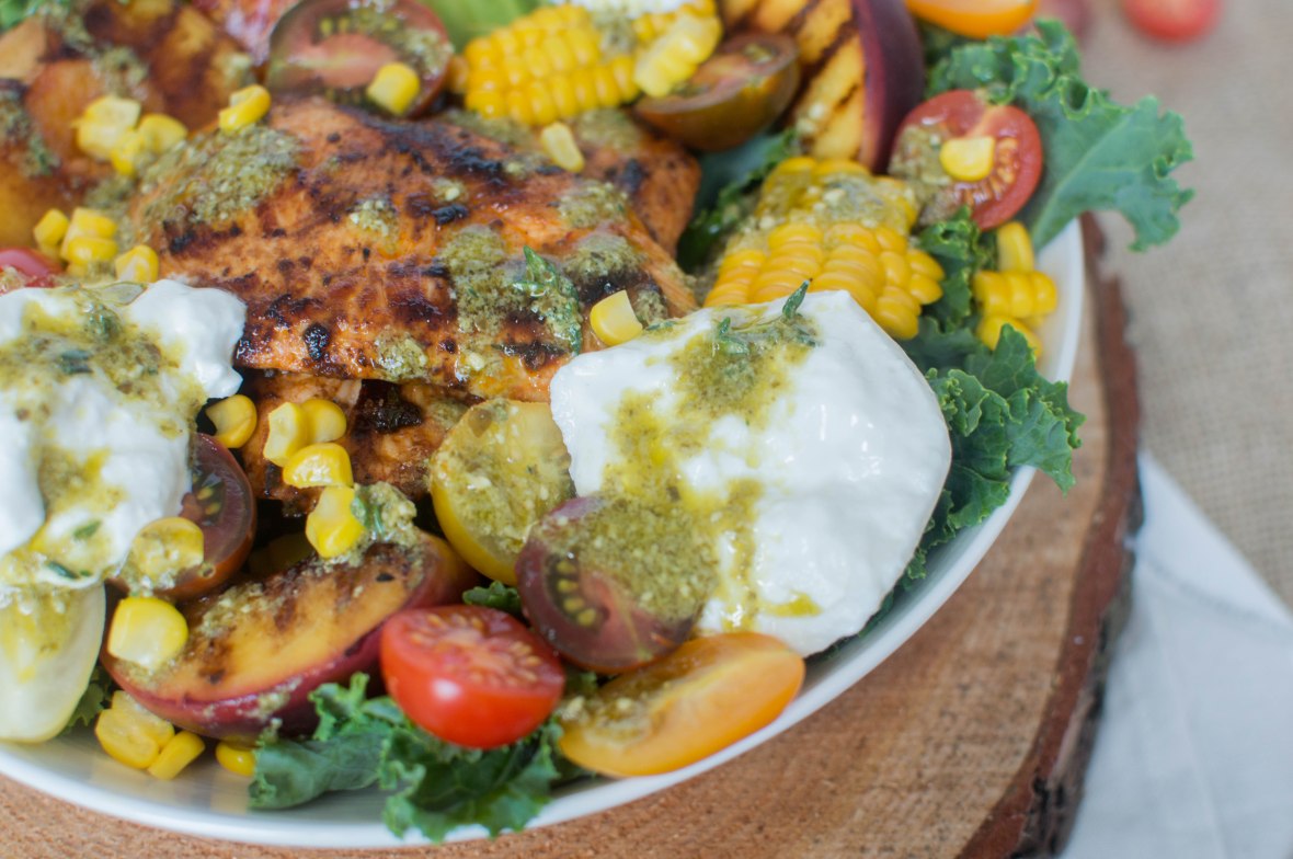 Grilled Peach, Sweetcorn And Chipotle Chicken Salad With Burrata - Kay's Kitchen