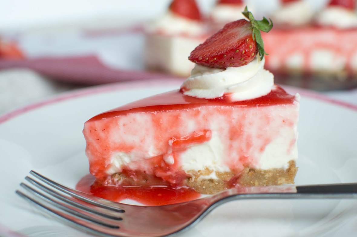 Slice of No Bake Strawberry Cheesecake