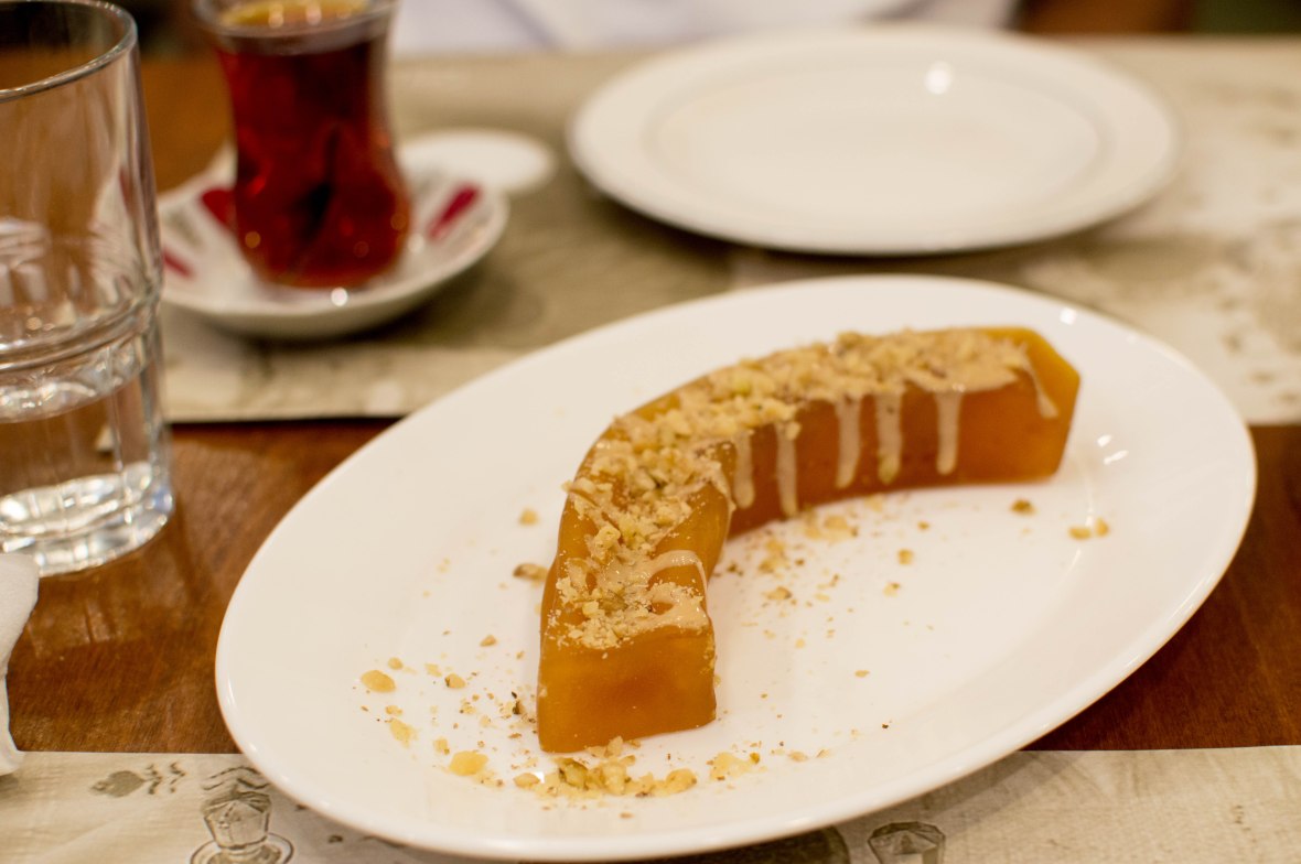 candied pumpkin dessert with tahini, Çiya sofrası, istanbul, turkey