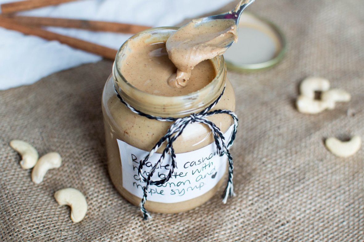 jar of homemade roasted cashew butter with maple syrup and cinnamon - kay's kitchen