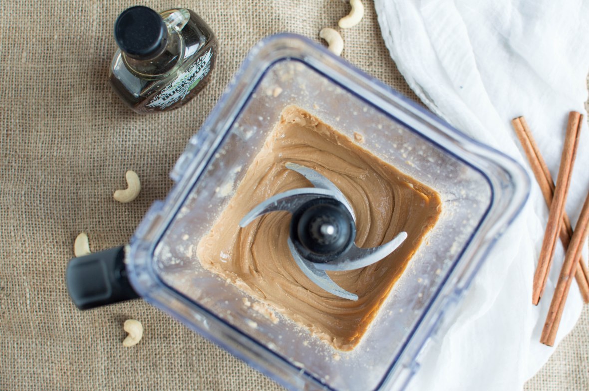 roasted cashew nut butter in blender with maple syrup and cinnamon- kay's kitchen