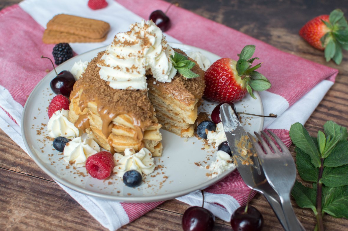 Speculoos Pancakes With Whipped Cream And Berries - Kay's Kitchen
