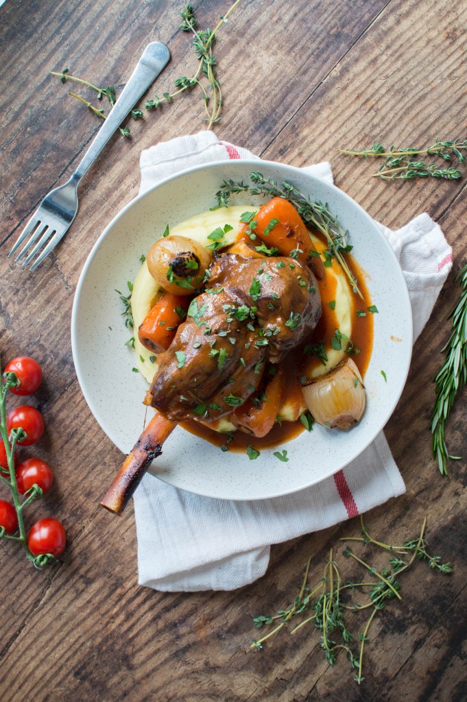 Garlic, Tomato And Herb Braised Lamb Shanks With Creamy Mash - Kay's Kitchen