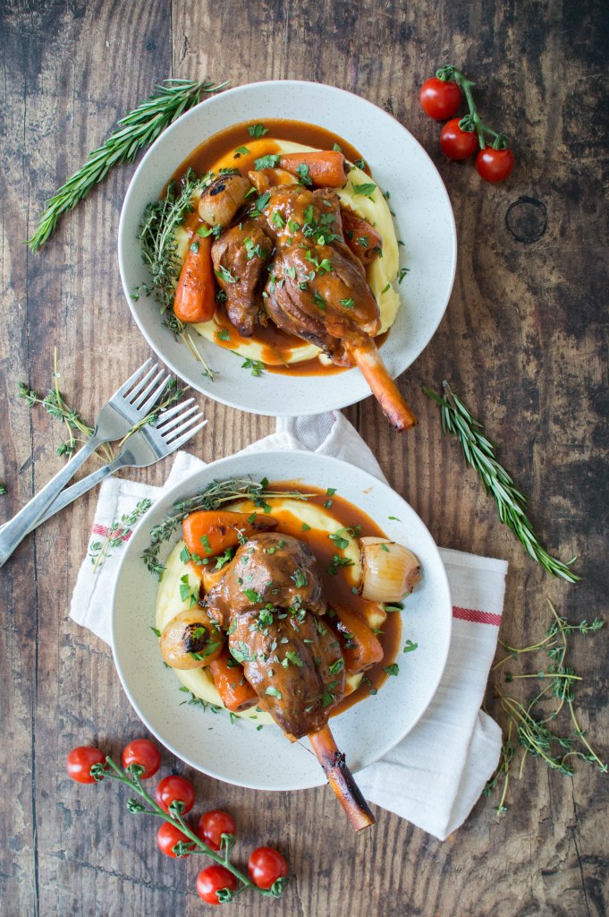 Tomato And Herb Braised Lamb Shanks Served With Creamy Mashed Potatoes - Kay's Kitchen