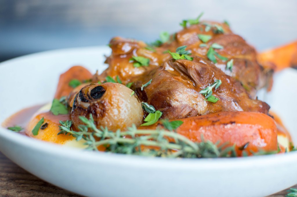 Tomato Braised Lamb Shanks With Carrots, Onions And Fresh Herbs, Served Over Creamy Mashed Potatoes - Kay's Kitchen