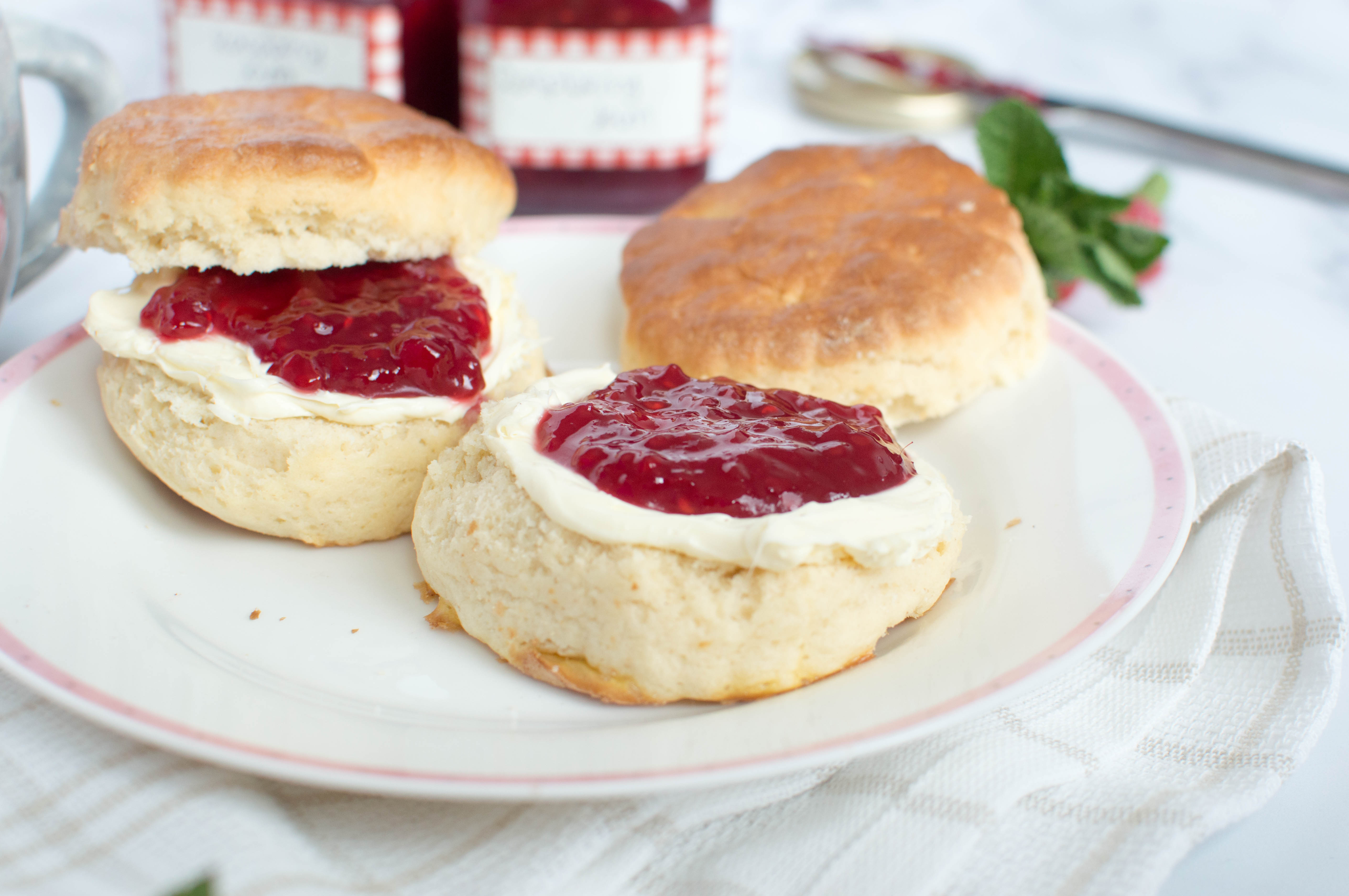 Homemade Raspberry Jam And Clotted Cream on Scones - Kay's Kitchen
