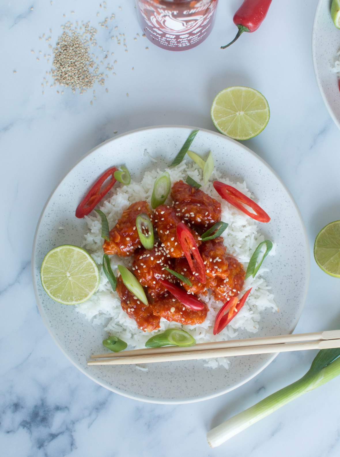 Crispy Chicken With Sriracha &amp; Maple Sauce, Served Over Rice - Kay's Kitchen