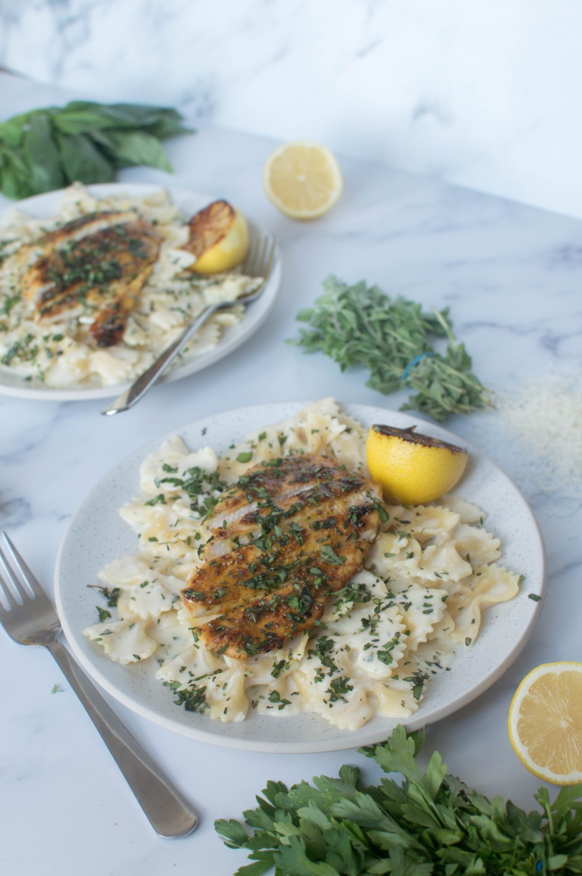 Creamy, Herby Lemon Pasta With Honey Mustard Glazed Chicken - Kay's Kitchen