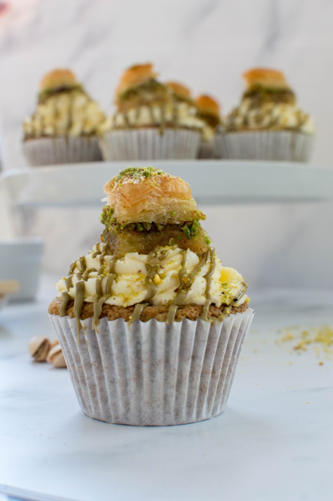 Pistachio Cupcakes With Whipped Honey Cream And Baklavas - Kay's Kitchen